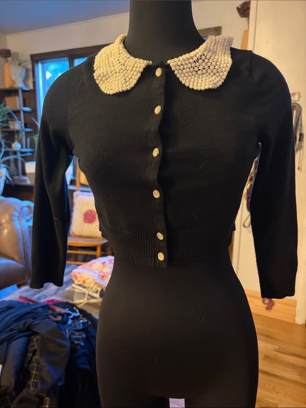 ModCloth Black Cropped Cardigan with Cream Beaded Peter Pan Collar